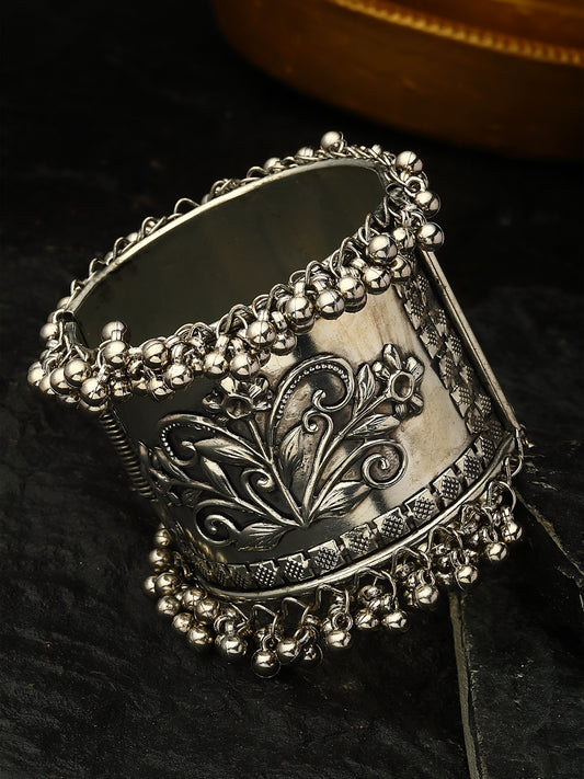 Oxidised Silver-Plated Floral Kada Bangle