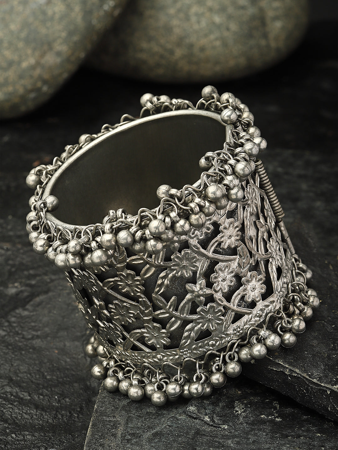 Oxidised Silver-Plated Floral Kada Bangle