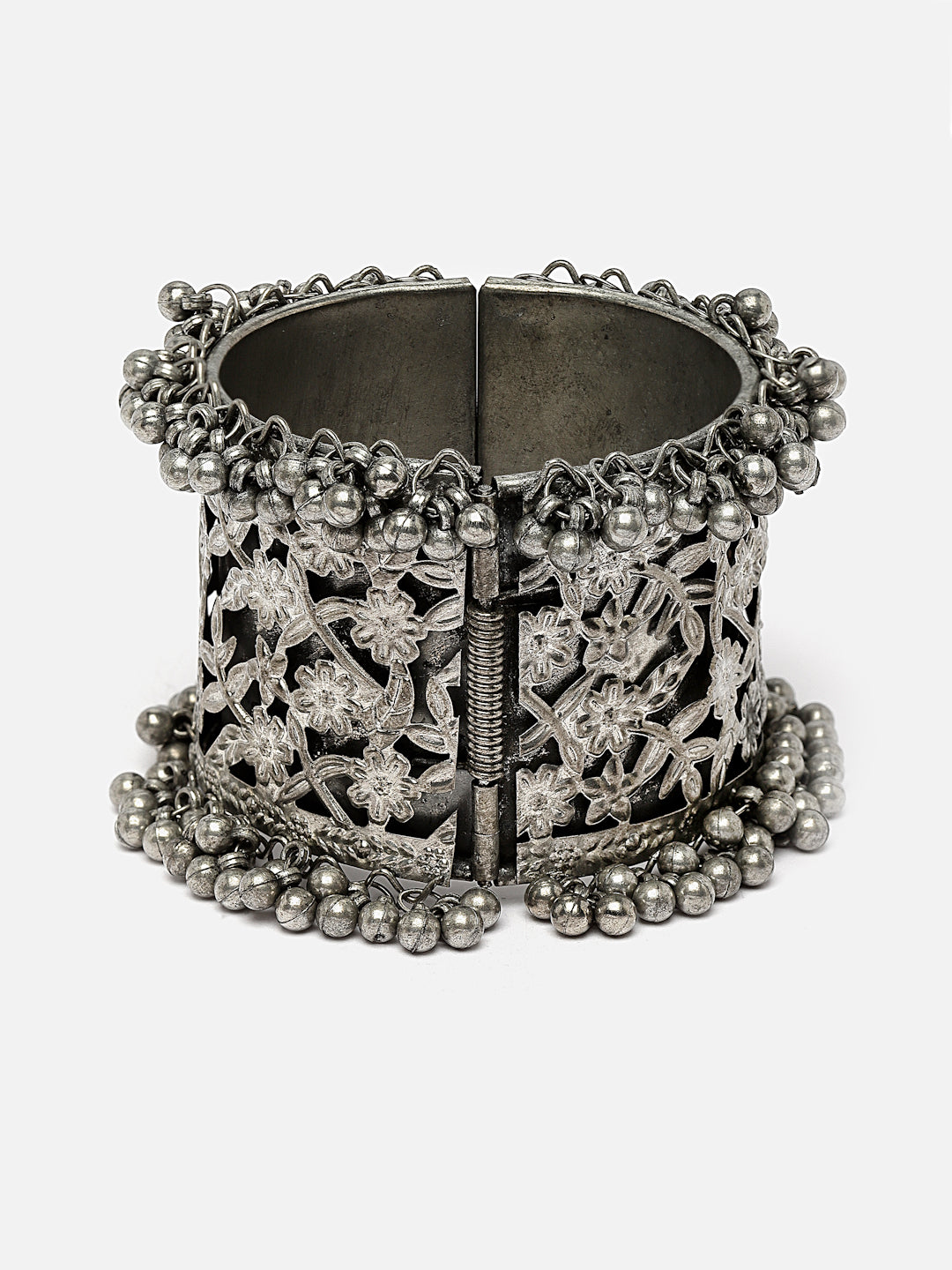 Oxidised Silver-Plated Floral Kada Bangle