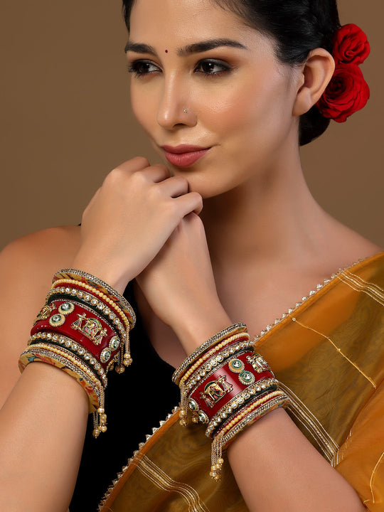 Set Of 22 Gold-Plated Stone-Studded & Beaded Bangles Chuda Set