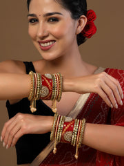 Set Of 18 Gold-Plated Stone-Studded & Beaded Bangles Chuda Set