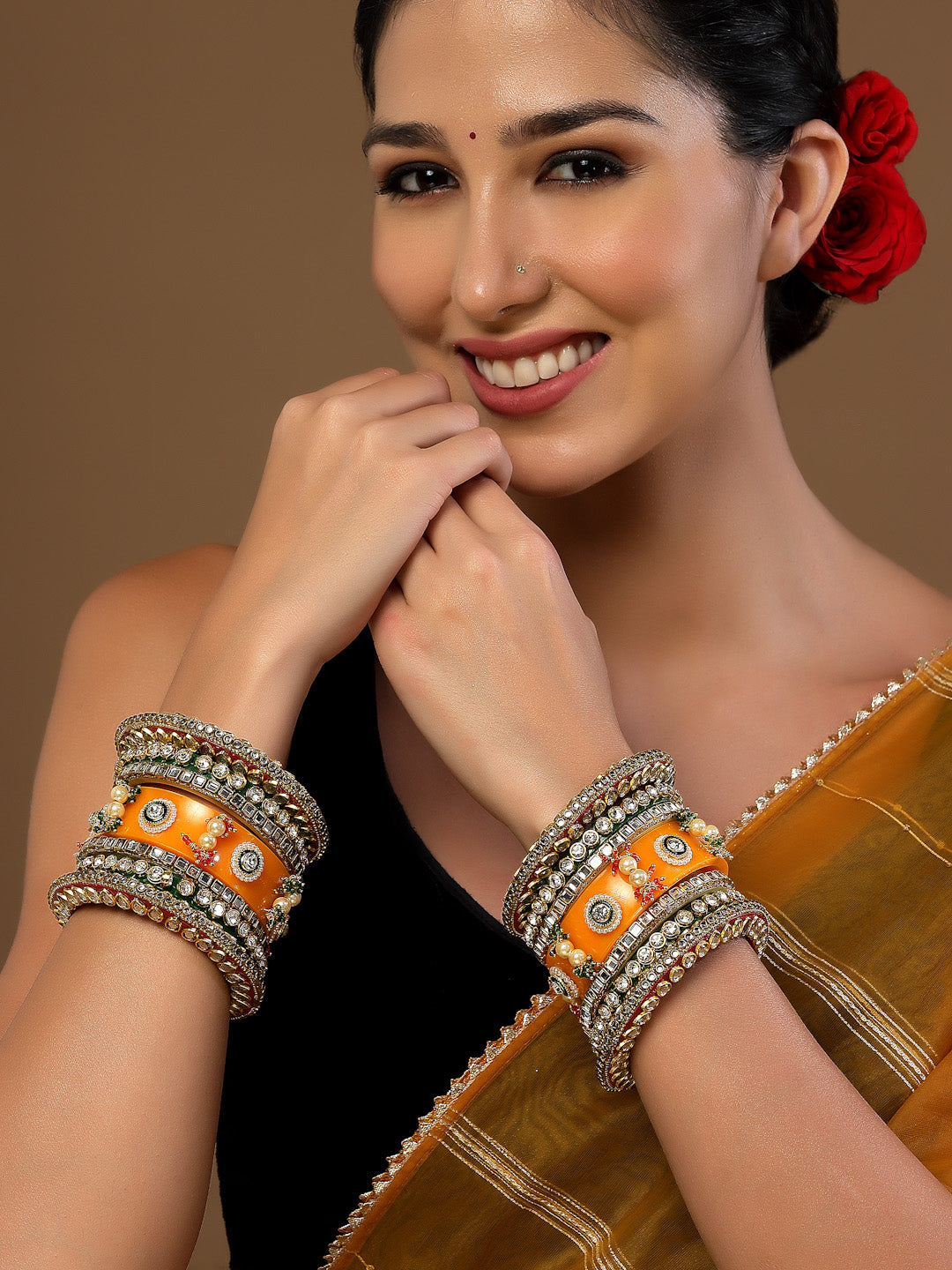 Set of 14 Gold-Plated Artificial Stone Studded Bangles