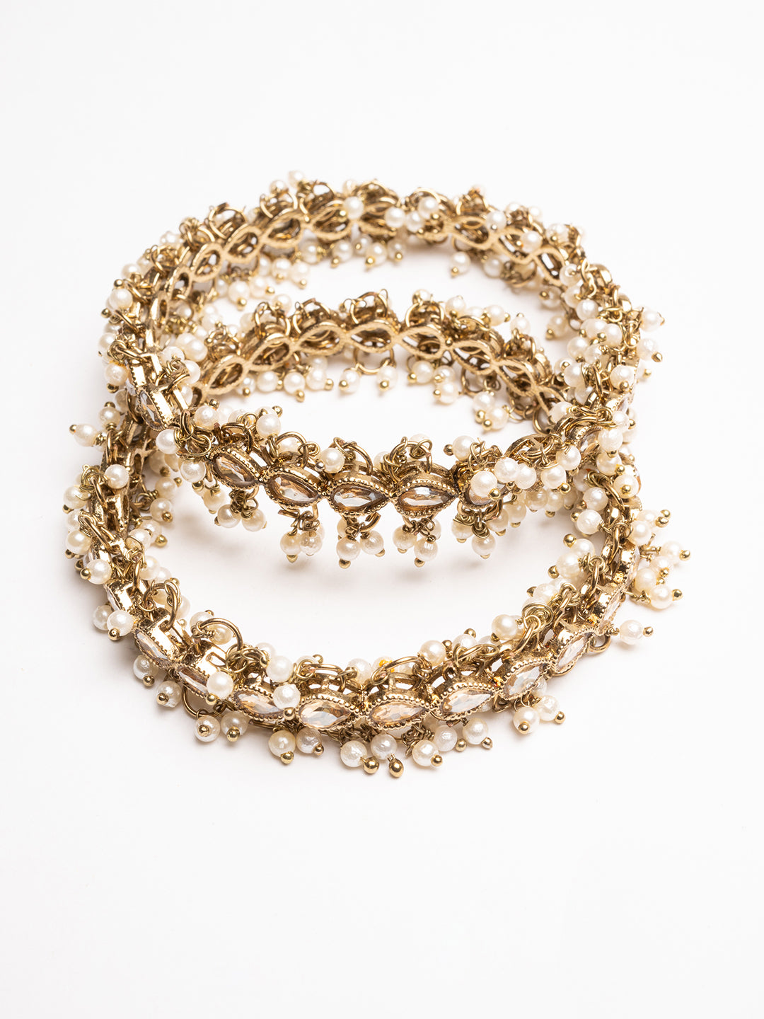 Set of 2 Gold-Plated American Diamond Stone Studded & Beaded Bangles