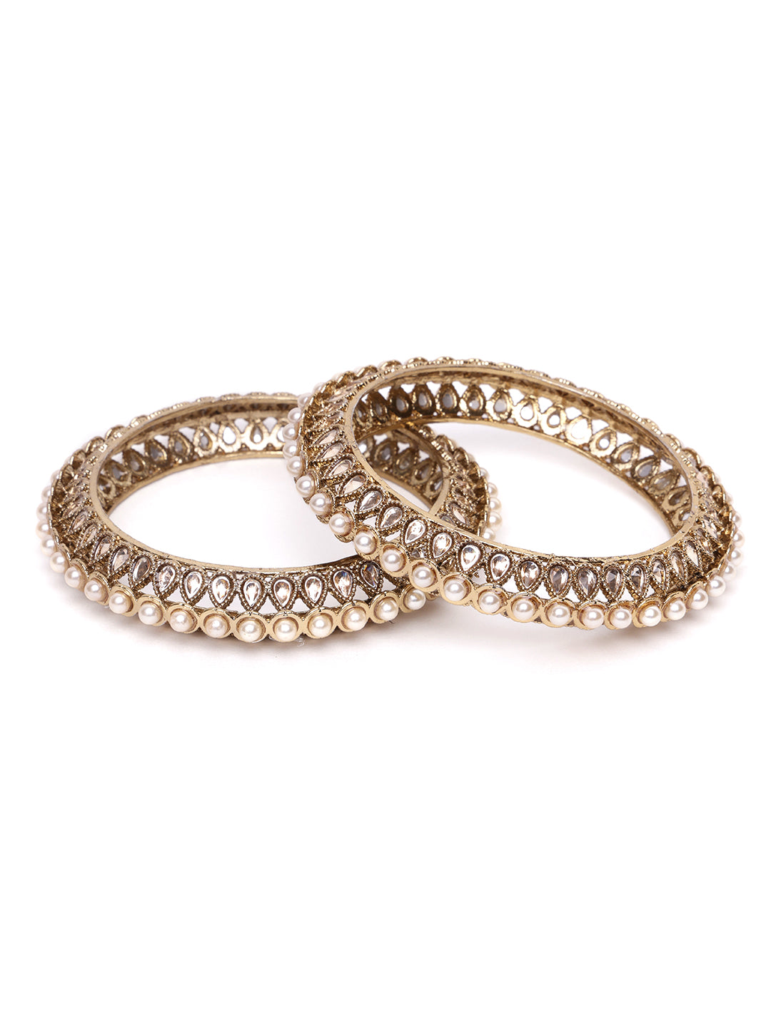 Set Of 2 Gold-Plated American Diamond-Studded & Beaded Bangles