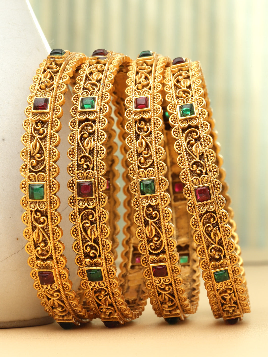 Set Of 4 24 CT Gold-Plated Antique Bangles