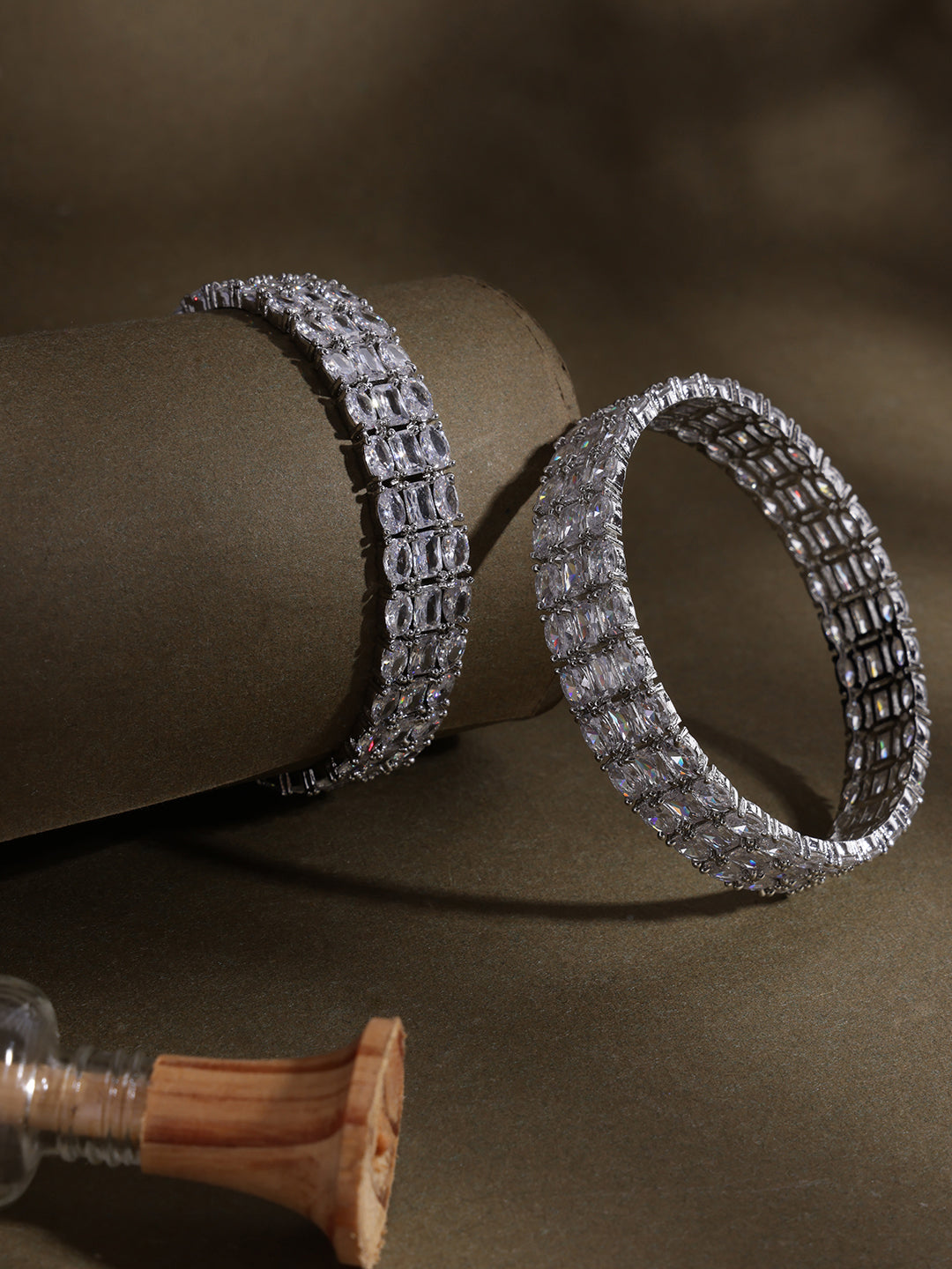 Set of 2 White AD Stone-Studded Rhodium-Plated Handcrafted Bangles