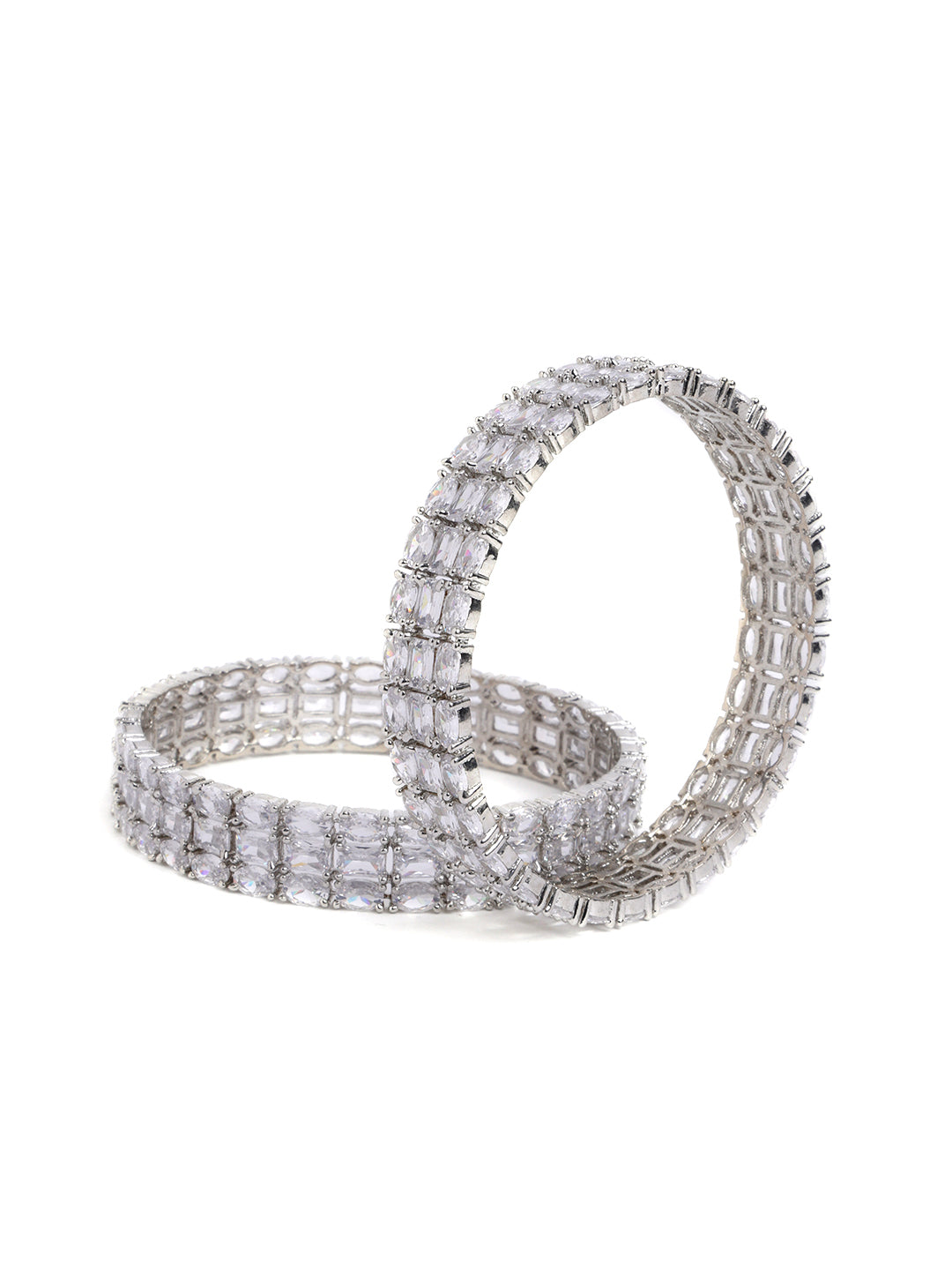 Set of 2 White AD Stone-Studded Rhodium-Plated Handcrafted Bangles
