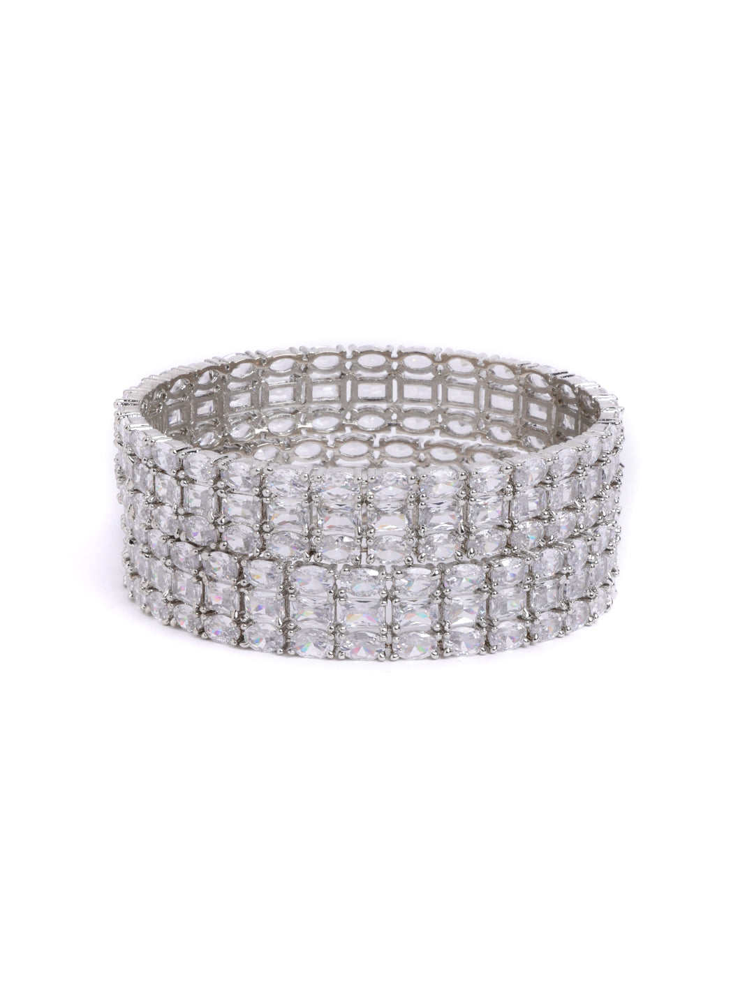 Set of 2 White AD Stone-Studded Rhodium-Plated Handcrafted Bangles
