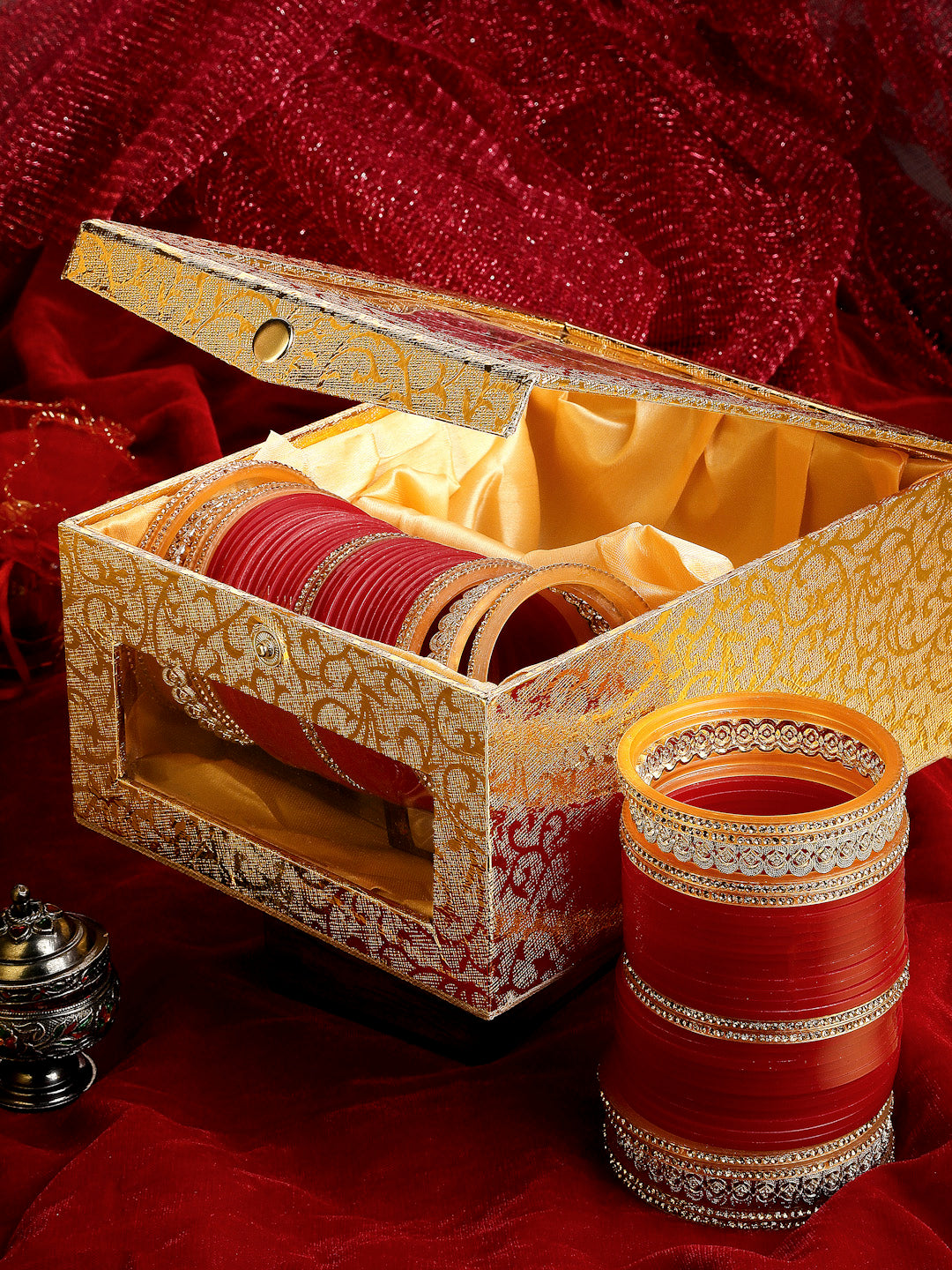 Gold-Plated Red AD-Studded Wedding Chuda Set Of 72