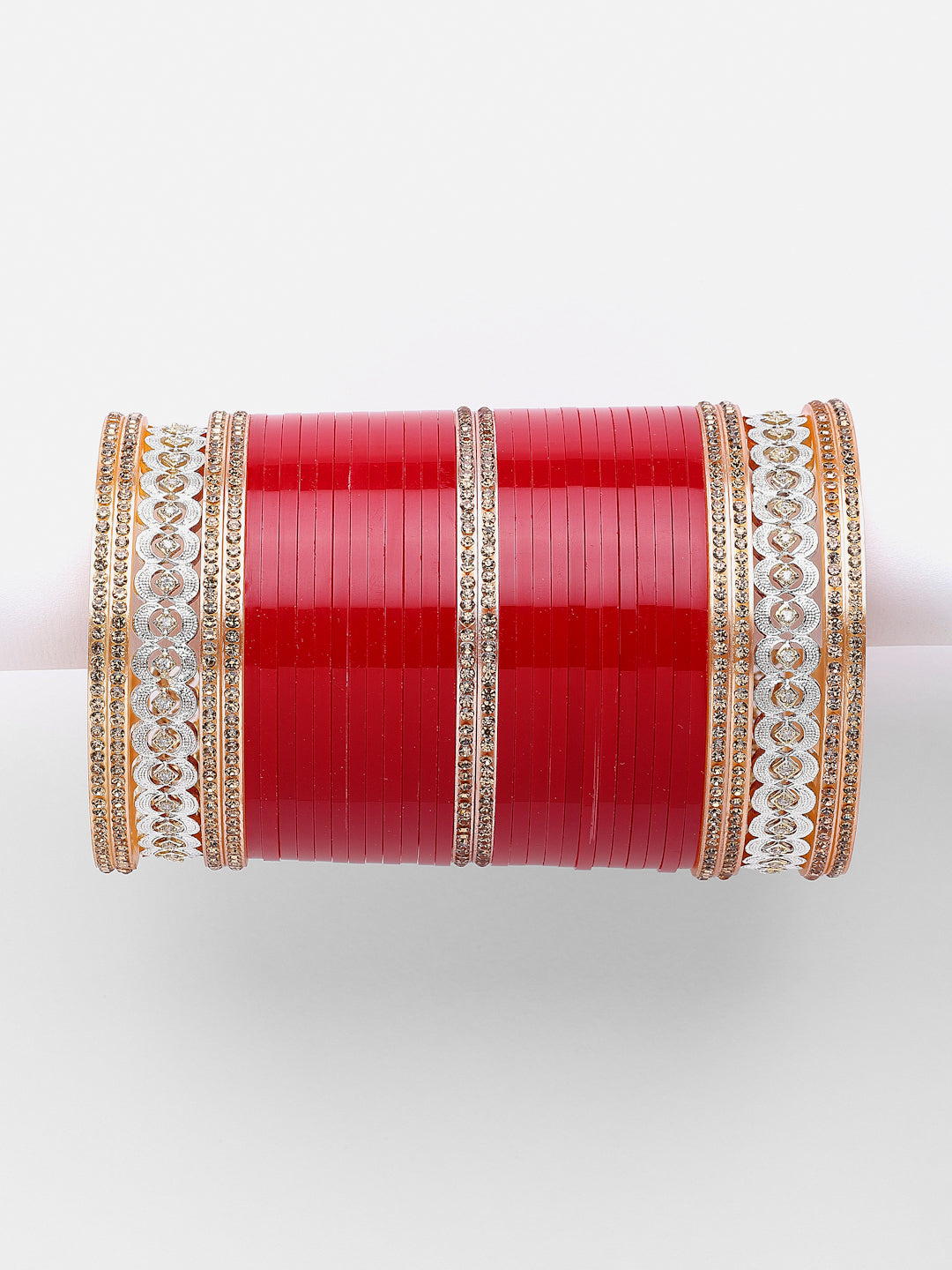 Gold-Plated Red AD-Studded Wedding Chuda Set Of 72