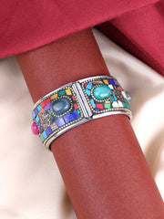 Silver-Plated Oxidised Multicolor Stone Studded Kada Bracelet