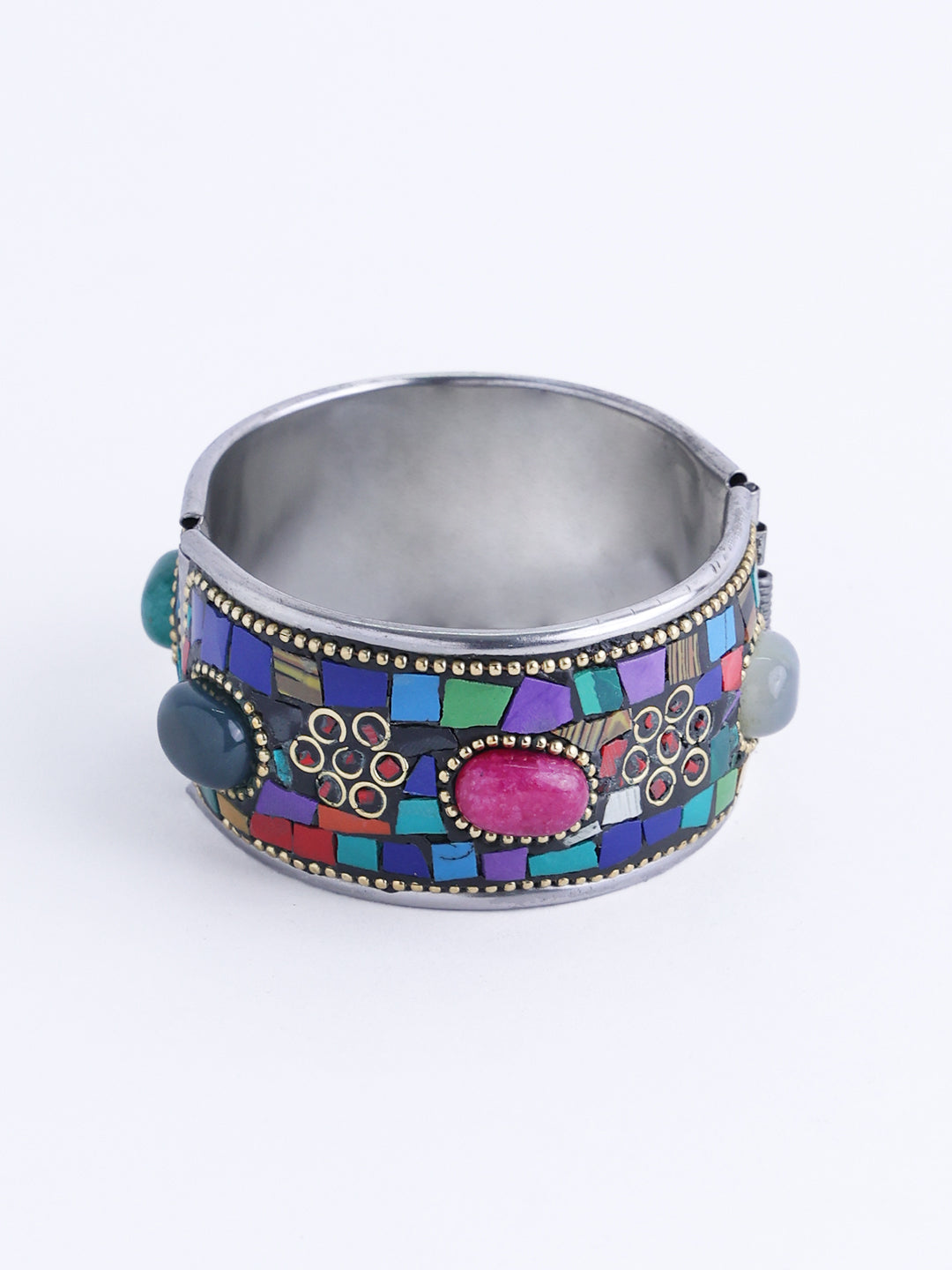 Silver-Plated Oxidised Multicolor Stone Studded Kada Bracelet