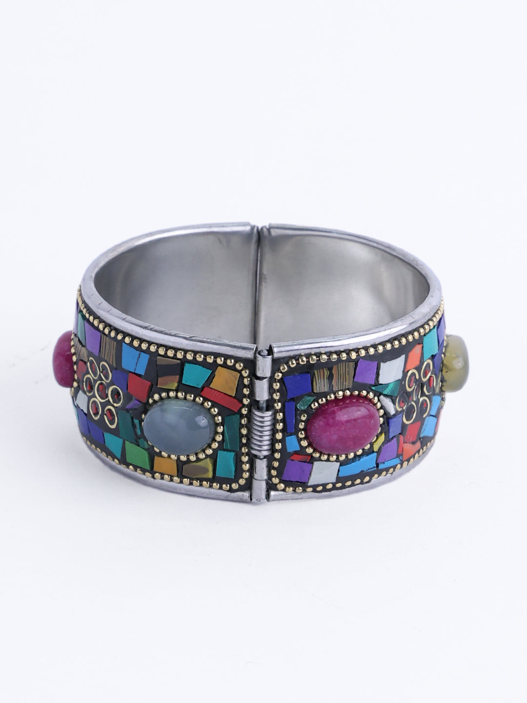 Silver-Plated Oxidised Multicolor Stone Studded Kada Bracelet