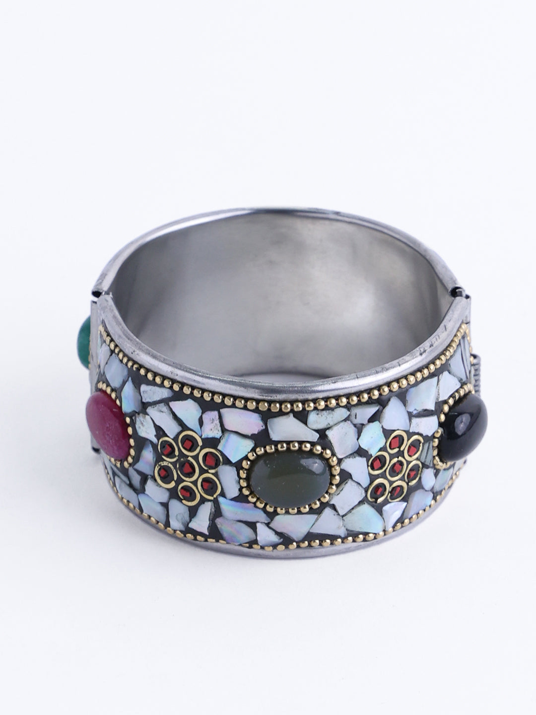 Oxidised Silver Plated Multi Color Stone Studded Kada Bracelet