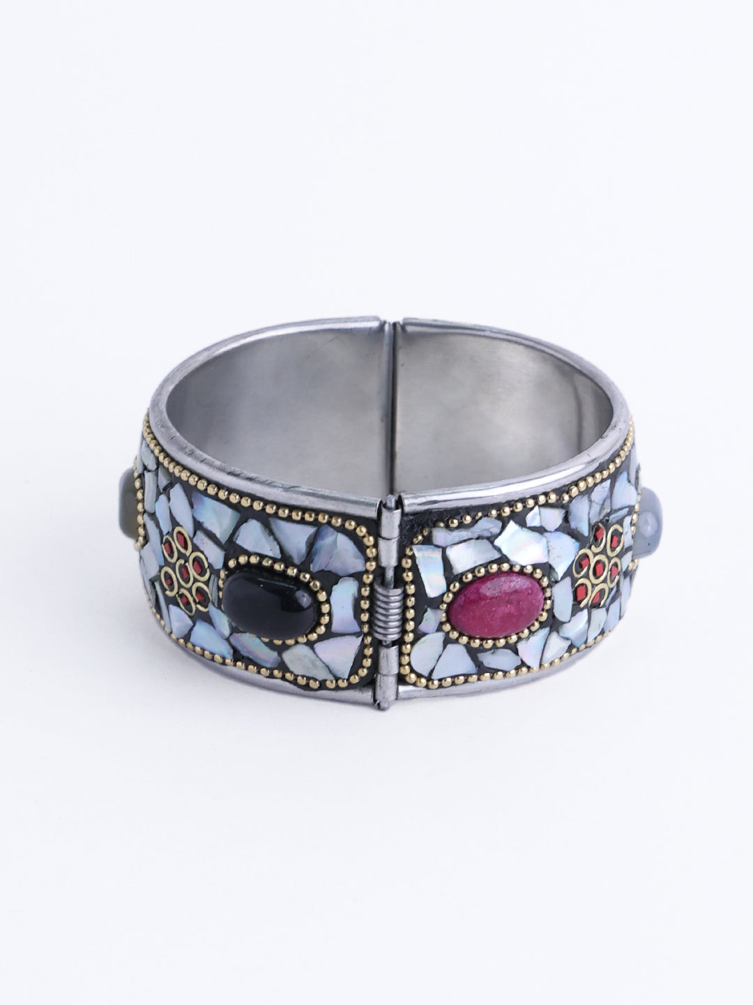 Oxidised Silver Plated Multi Color Stone Studded Kada Bracelet