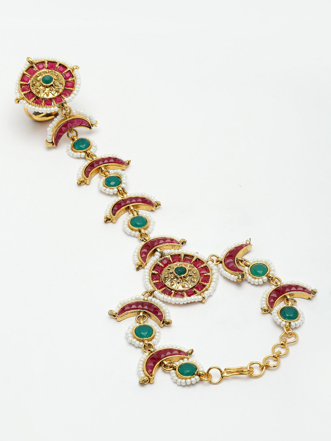 Gold-Plated Stone Studded & Beaded Ring Bracelet