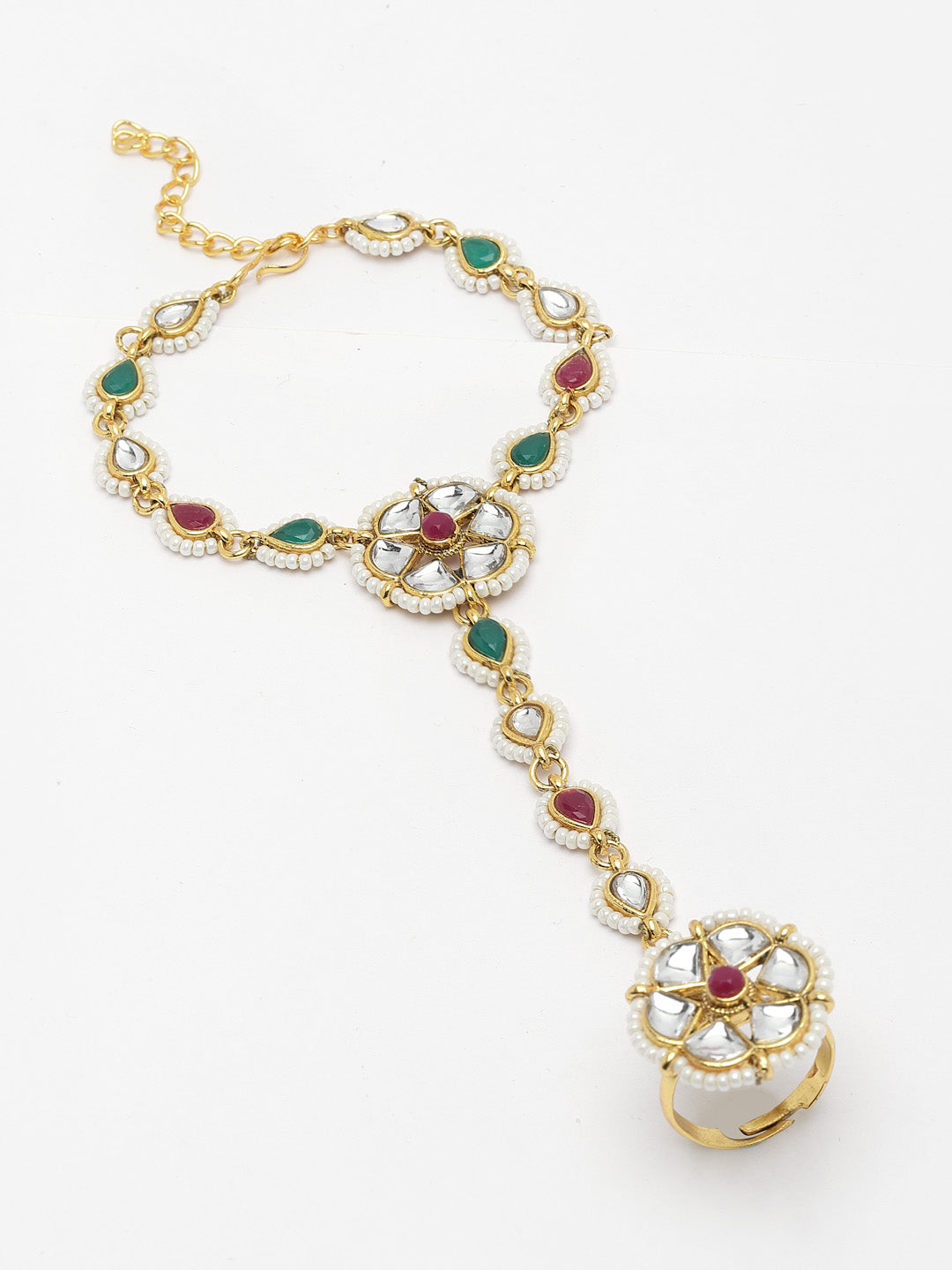 Gold-Plated Stone Studded & Beaded Ring Bracelet