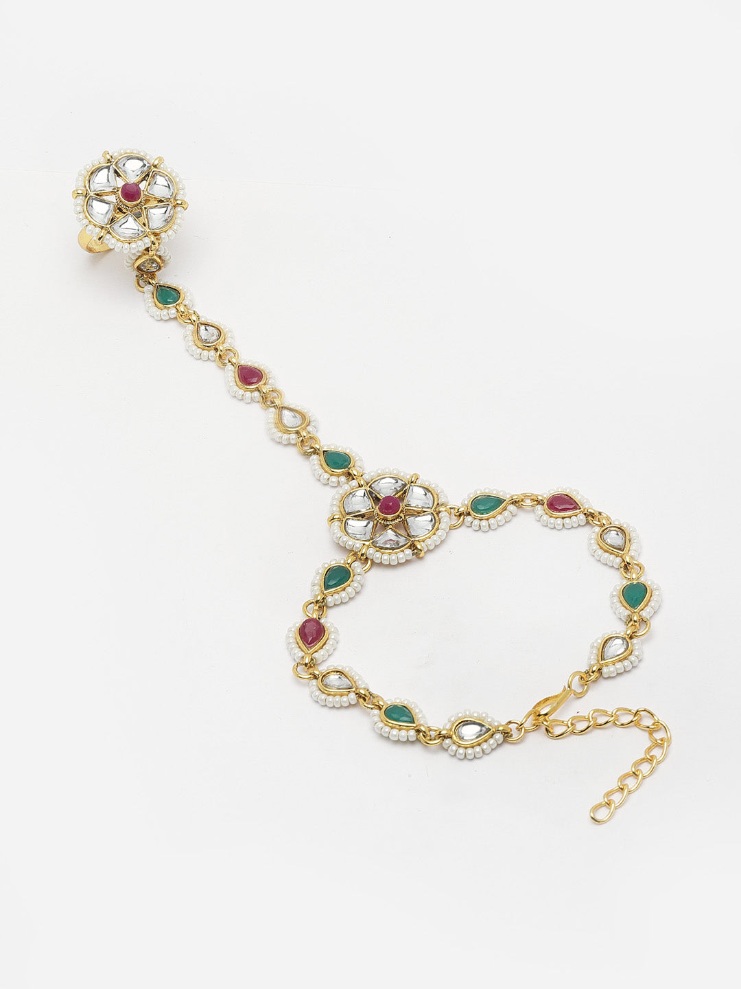 Gold-Plated Stone Studded & Beaded Ring Bracelet