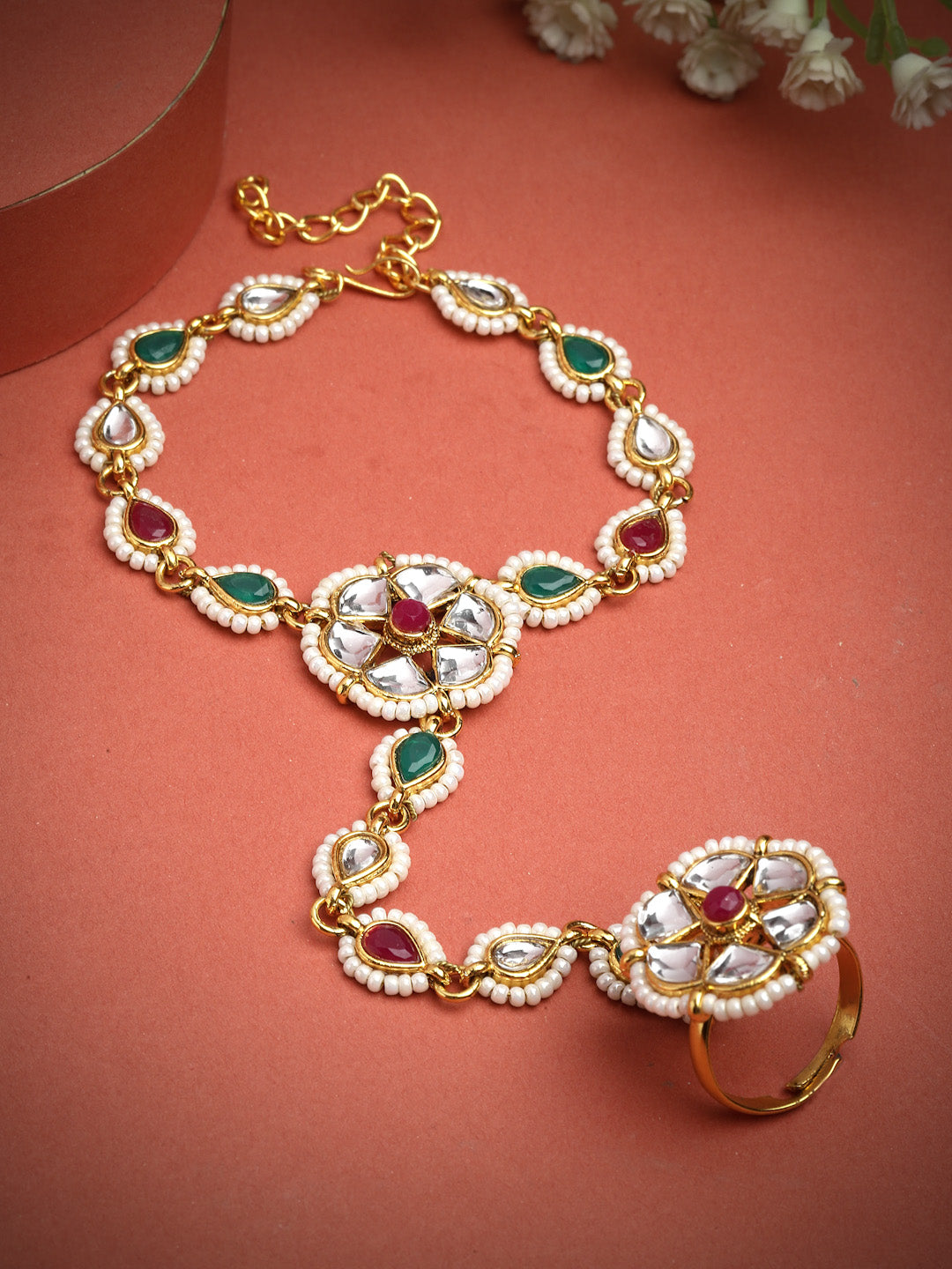 Gold-Plated Stone Studded & Beaded Ring Bracelet