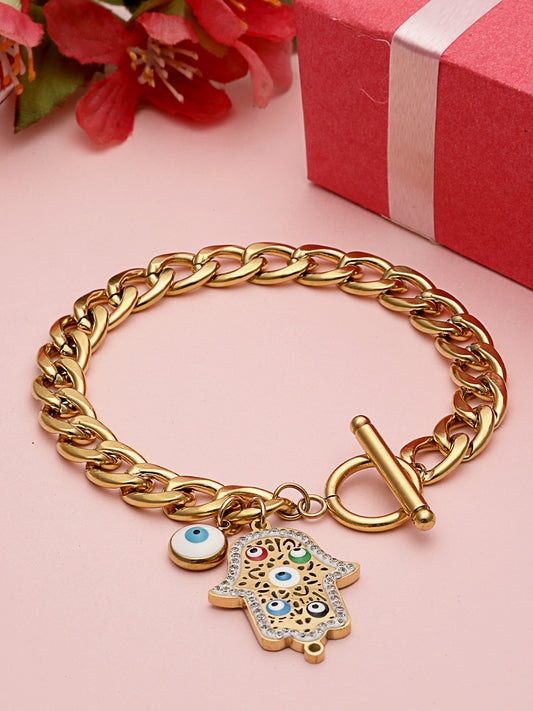 18KT Gold Plated Evil Eye Stainless Steel Tarnish-Free Waterproof Charm Bracelet