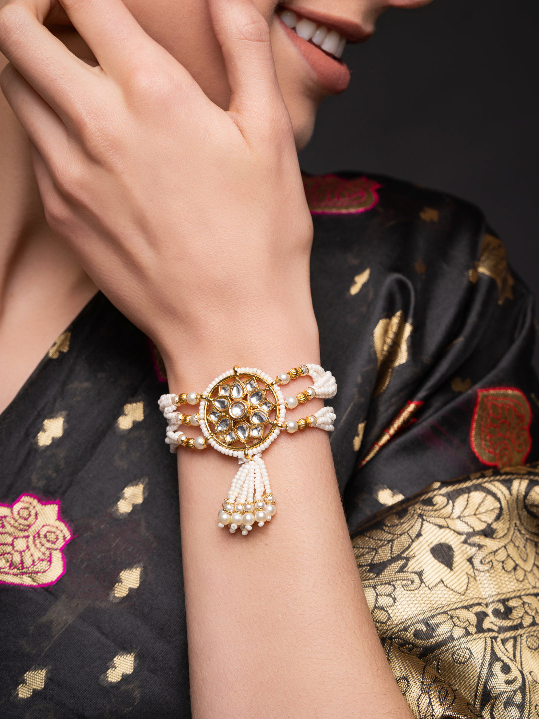 Gold-Plated Stones Studded And Beaded Wraparound Bracelet