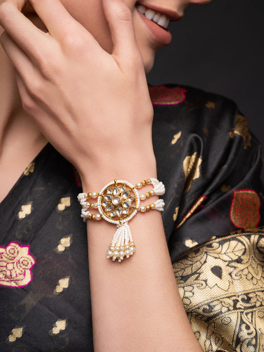 Gold-Plated Stones Studded And Beaded Wraparound Bracelet