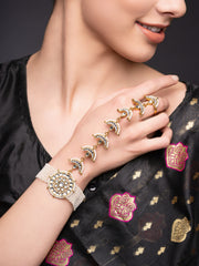 Gold-Plated Stones Studded & Beaded Hathphool Ring Bracelet