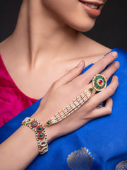 Gold-Plated Stones Studded & Beaded Hathphool Ring Bracelet
