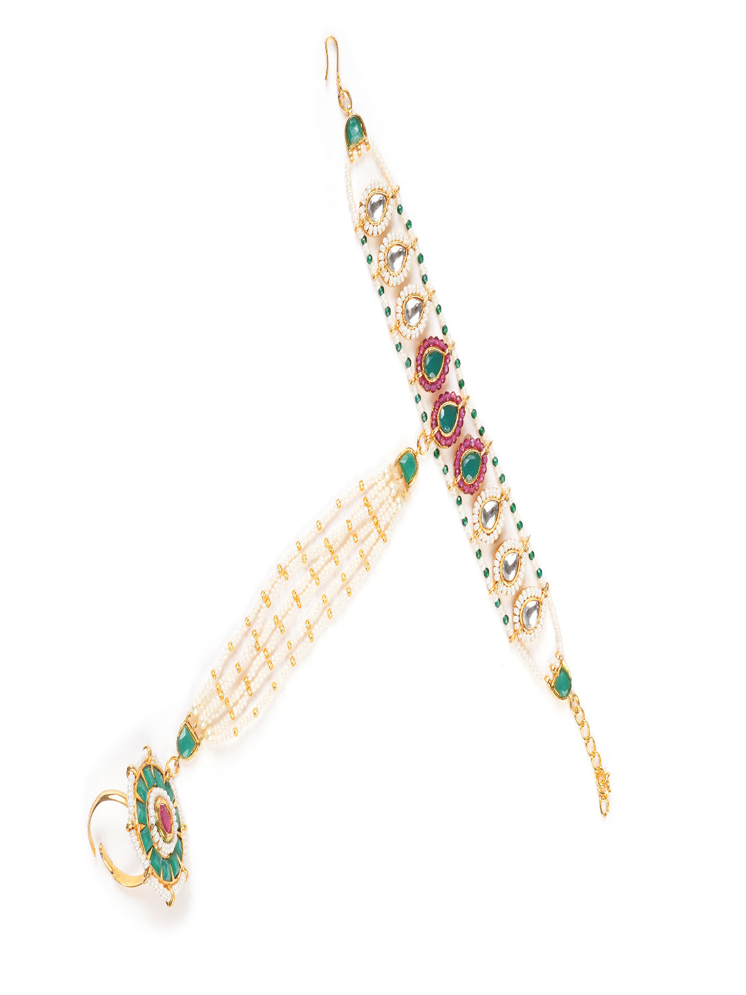 Gold-Plated Stones Studded & Beaded Hathphool Ring Bracelet