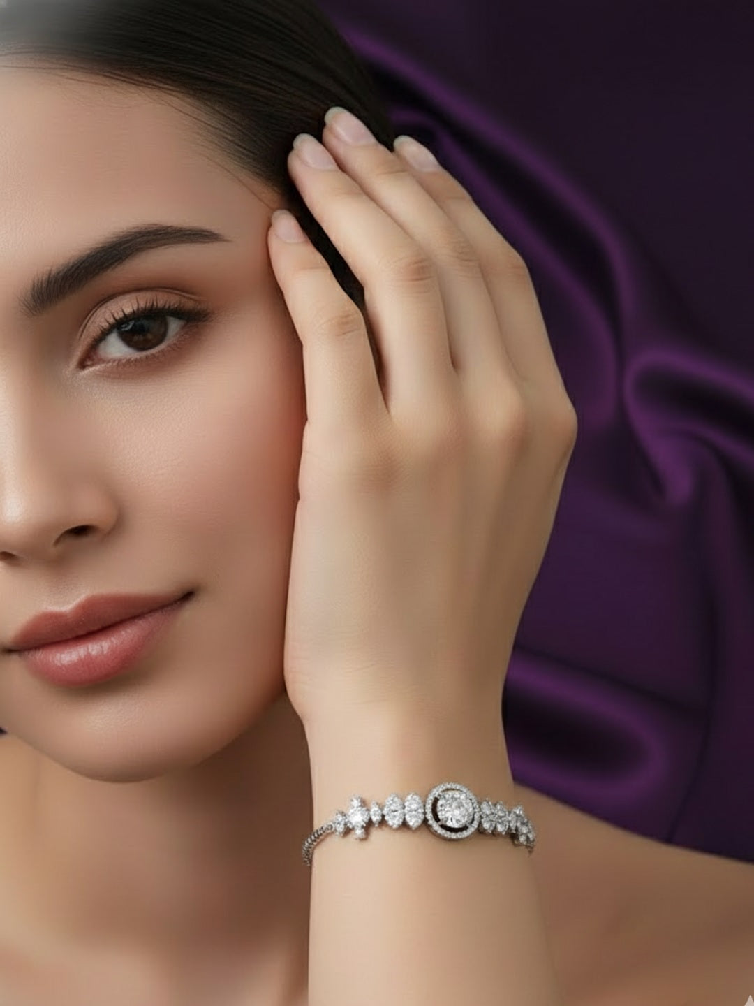 Women Brass American Diamond Silver-Plated Wraparound Bracelet