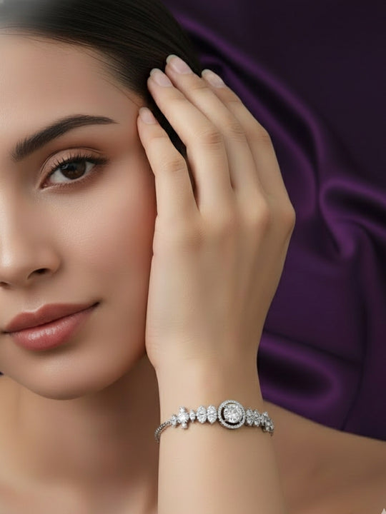 Women Brass American Diamond Silver-Plated Wraparound Bracelet
