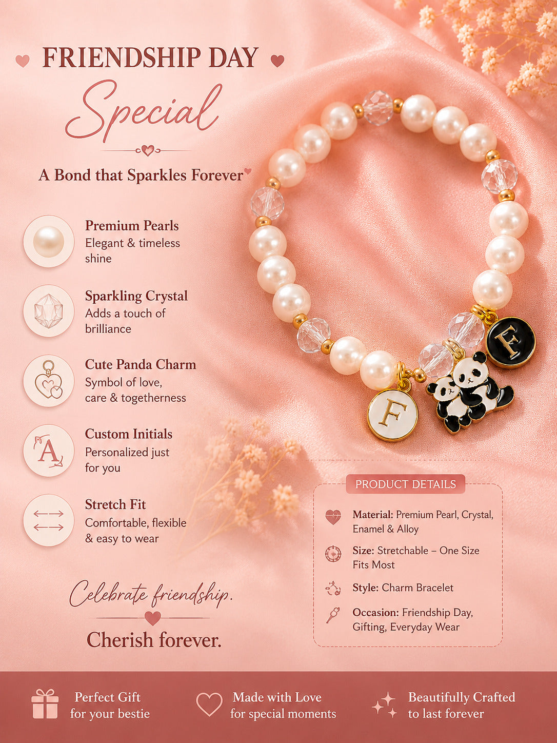 PANASH Cute Panda Charm Pearl Friendship Bracelet
