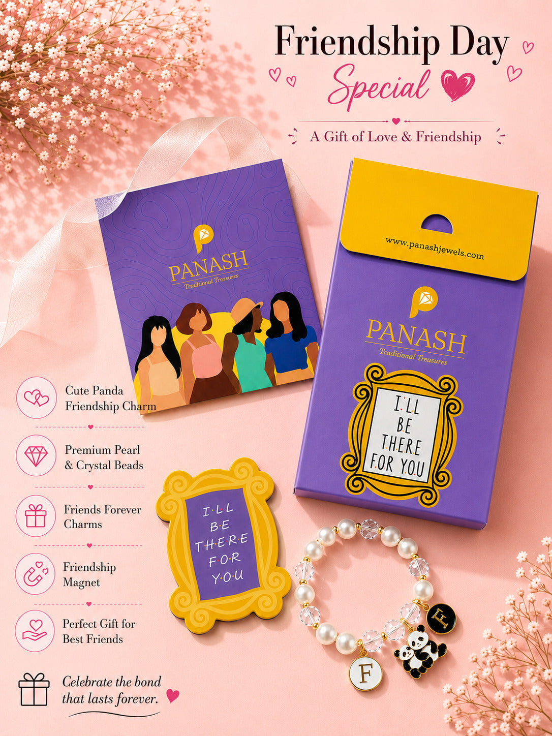 PANASH Cute Panda Charm Pearl Friendship Bracelet with Fridge Magnet – Luxury Gift Set