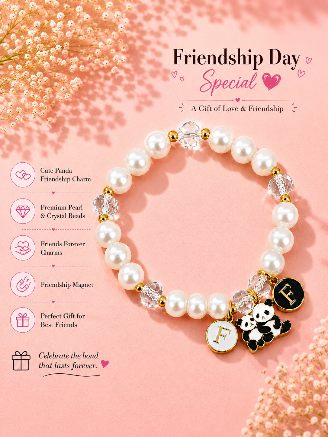 PANASH Cute Panda Charm Pearl Friendship Bracelet with Fridge Magnet – Luxury Gift Set