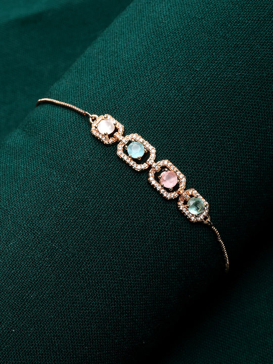 Gold-Plated AD Pink & Blue Stone-Studded Handcrafted Charm Bracelet