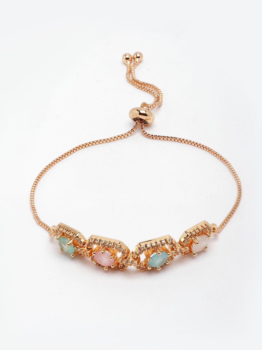 Gold-Plated AD Pink & Blue Stone-Studded Handcrafted Charm Bracelet