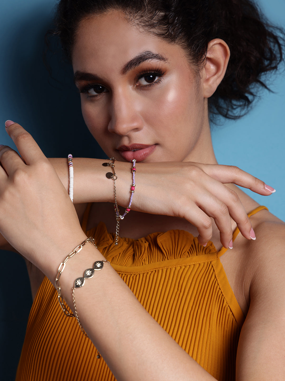 Women Set of 5 Gold-Plated & Red Charm Bracelets