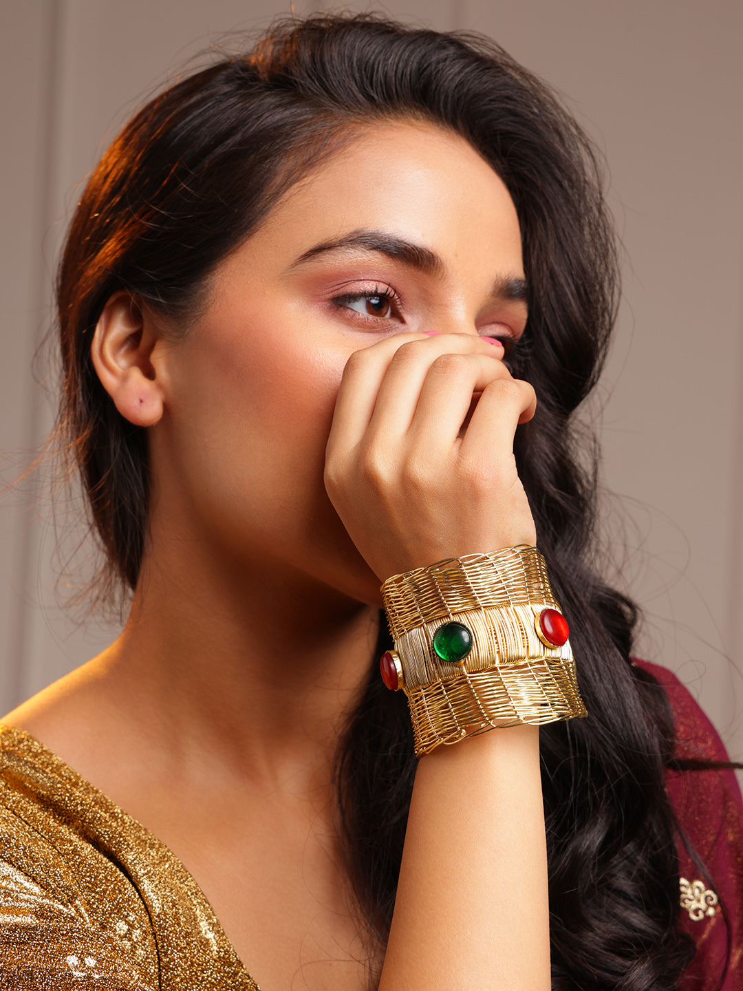 Gold-Plated Cubic Zirconia Stone Studded Kada Bracelet