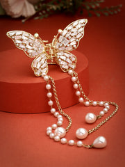 Women Pearls & Stone Studded Butterfly Shaped Embellished Claw Clip