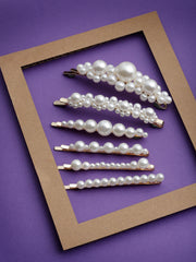 Women Set of 6 Gold-Toned & White Beaded Bobby Pins