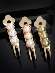 Women Gold-Toned & White Set of 3 Pearl Alligator Hair Clip