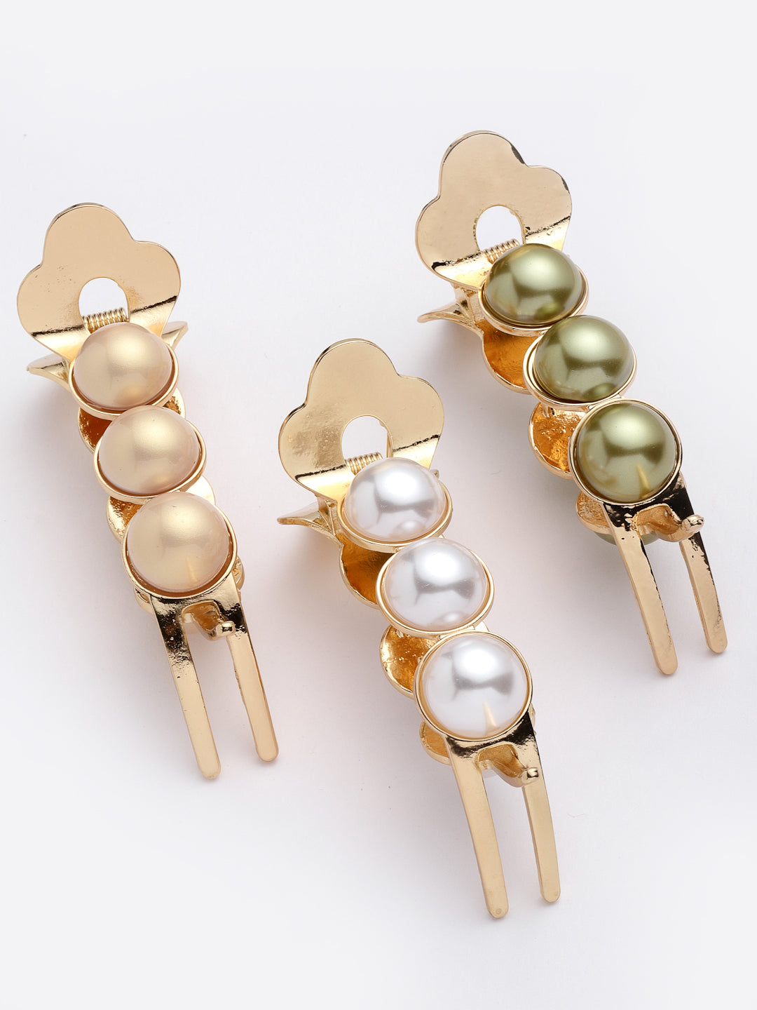 Women Gold-Toned & White Set of 3 Pearl Alligator Hair Clip