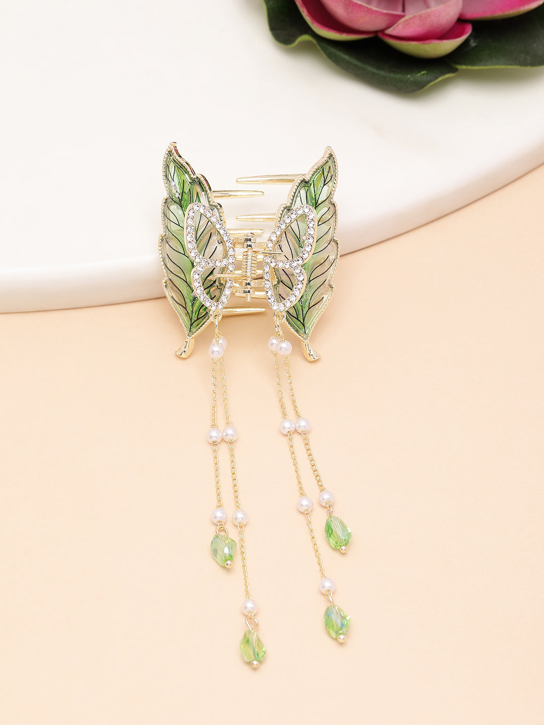 Gold-Plated CZ-Stone Studded Leaf Shaped Claw Clip