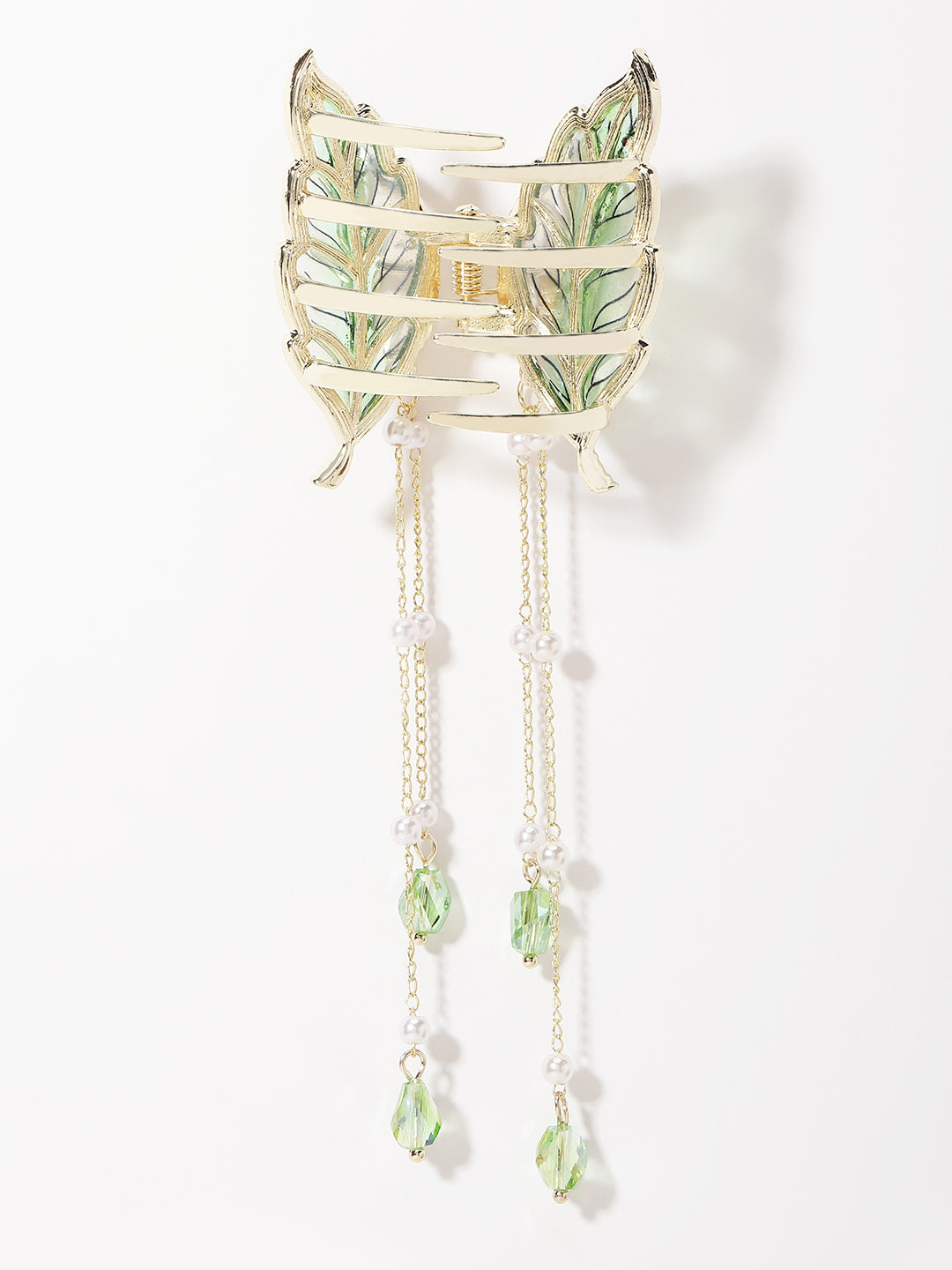 Gold-Plated CZ-Stone Studded Leaf Shaped Claw Clip