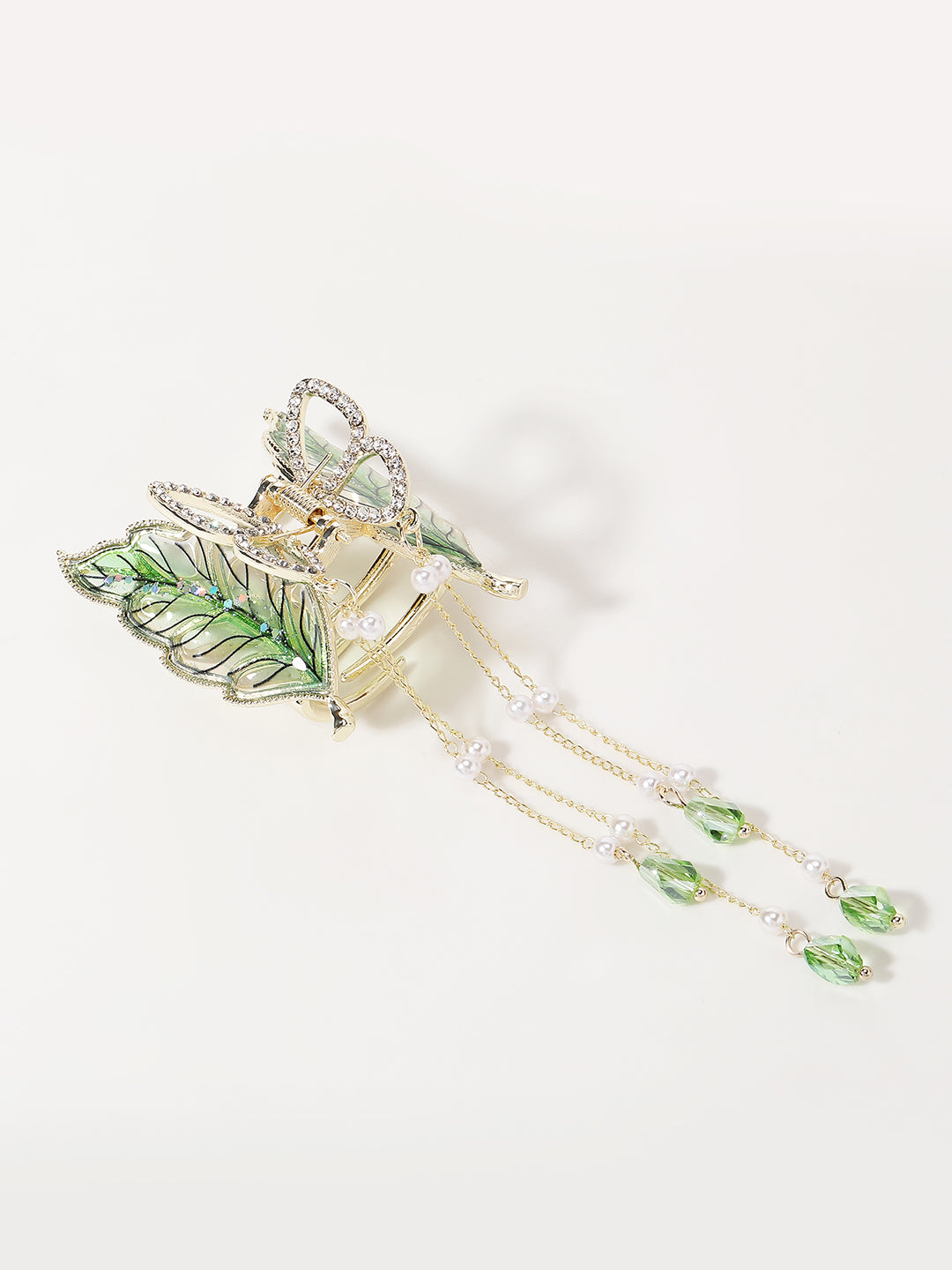 Gold-Plated CZ-Stone Studded Leaf Shaped Claw Clip