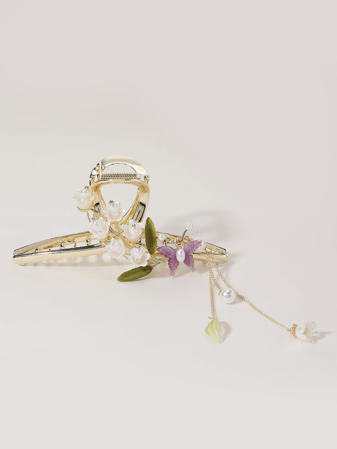 Gold-Plated Pearl Studded Floral Claw Clip