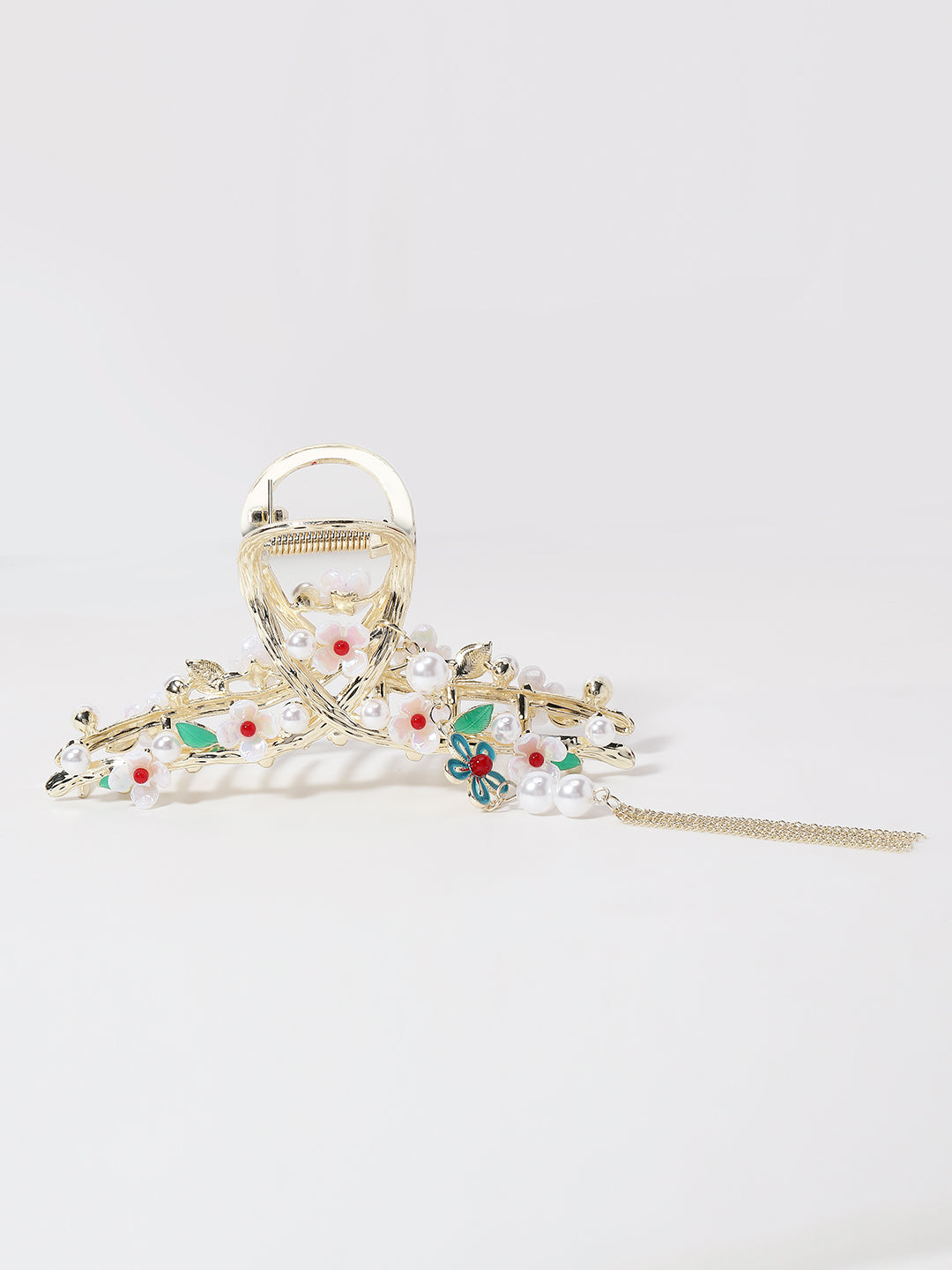 Gold-Plated Pearl Studded Floral Claw Clip