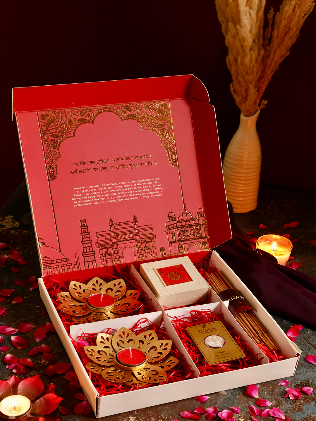 Diwali Gift Hamper with Fine 999 Silver Coin, Luxury Diyas, Incense Sticks, and Charan Paduka