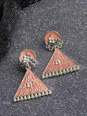 Gold-Toned and Orange Triangular Meenakari Drop Earrings