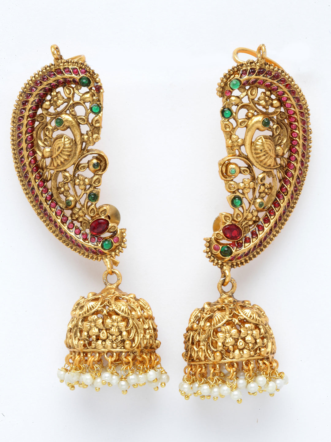 PANASH Gold-Plated Pearl & Stone-Studded Peacock Shaped Ear Cuff Earrings